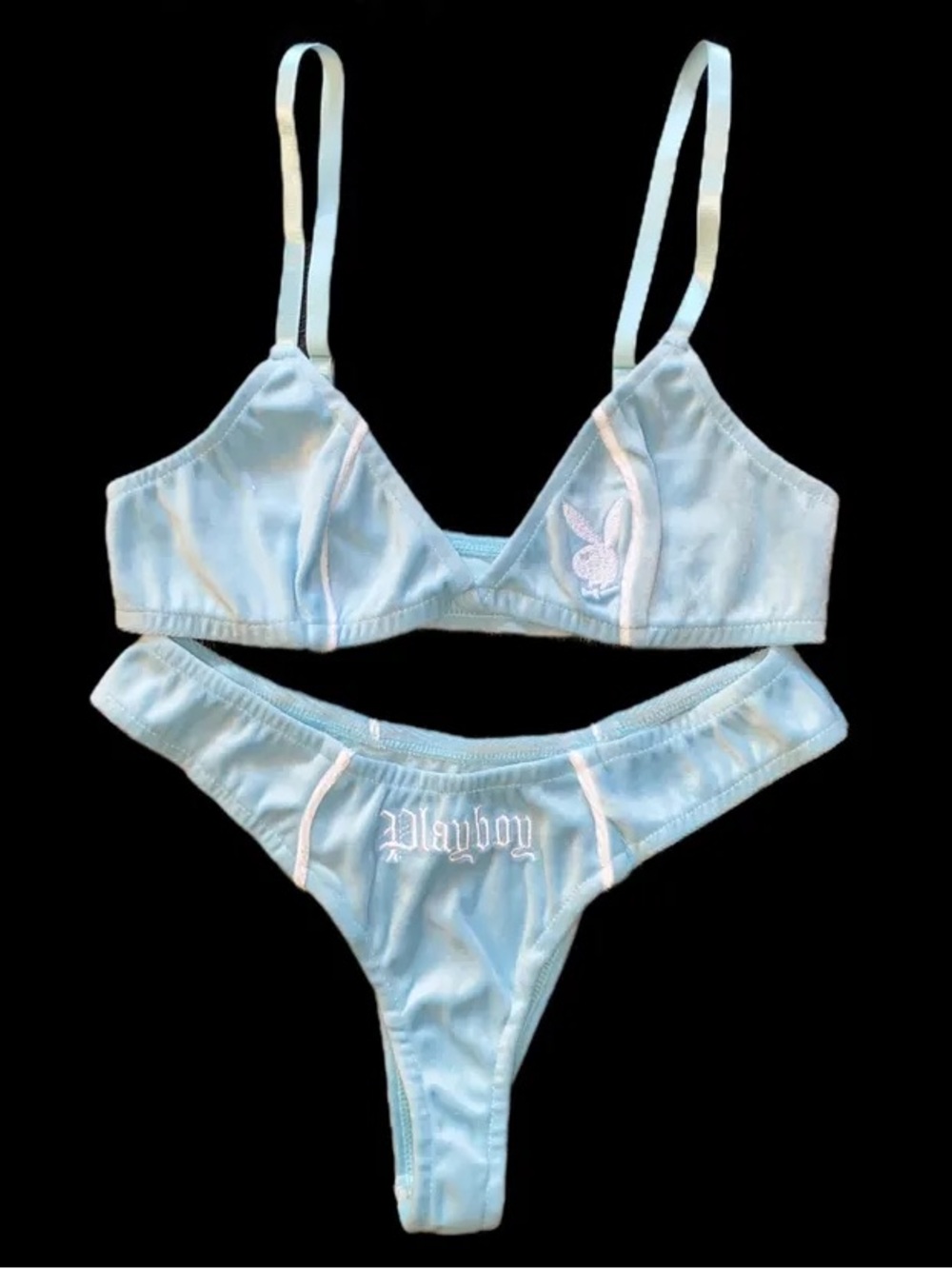 NEW: Playboy Velour Baby Blue Thong Lingerie Set